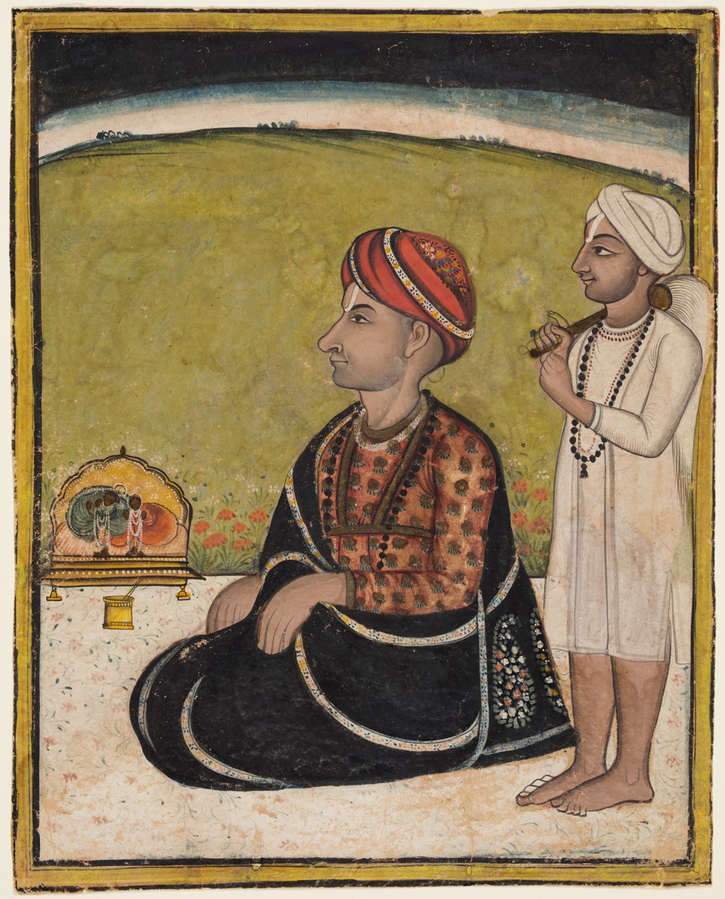 Nemes ül egy kültéri mellvéden, és egy Krisna-fuvola szentélyét imádja, kb. 1800. alkotó: Unbekannt