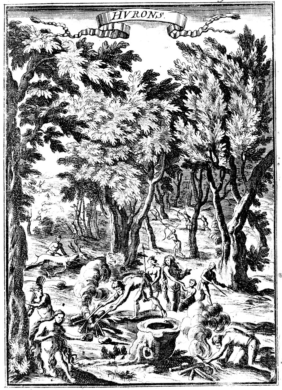 Erdőben vadászó és ételt készítő észak-amerikai huron indiánok, 1686 alkotó: Unbekannt