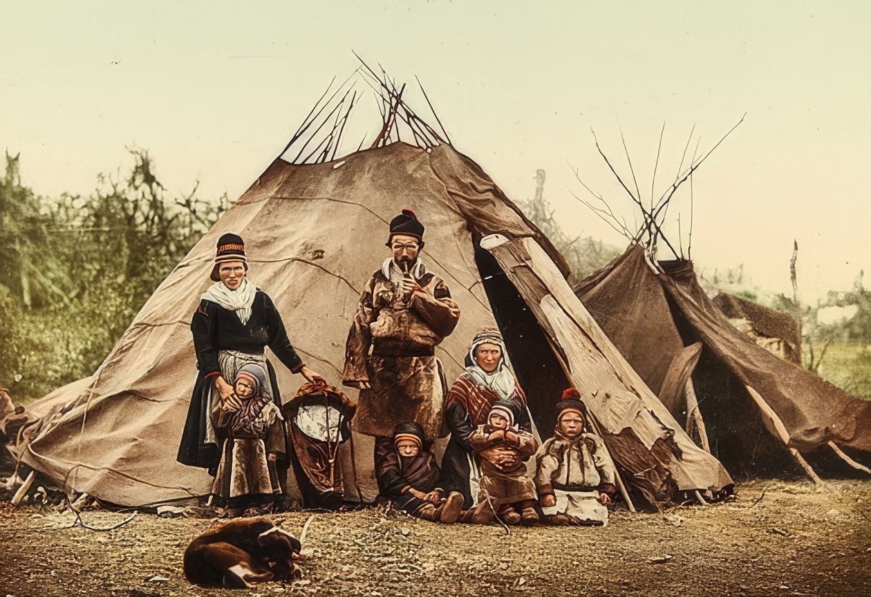 Norvégia. Lapp (szamii) család egy sátor előtt. 1900 körül. Fotokróm. Fotó: Photoglob / Zürich alkotó: Unbekannt