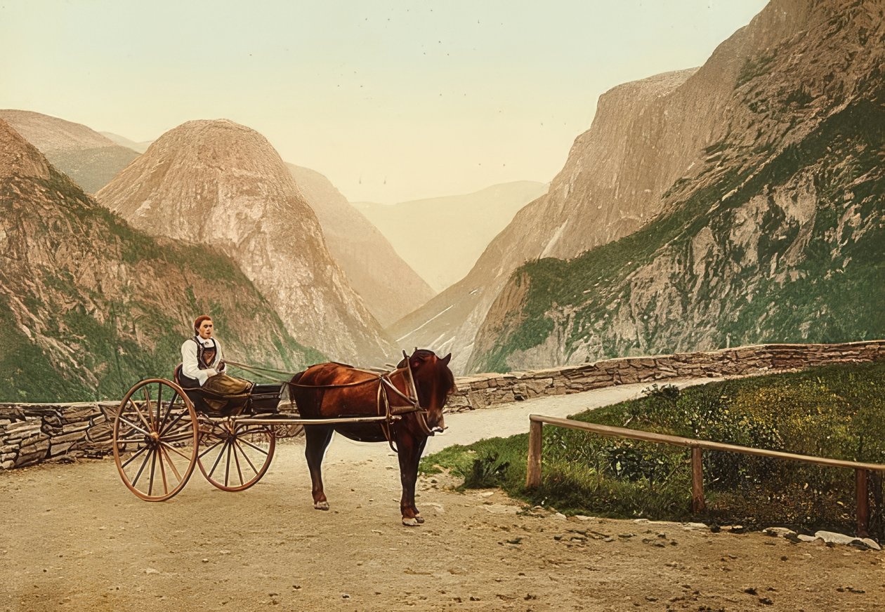 Norvég parasztlány lovas kocsin. 1900 körül. Photochrom. Fotó: Photoglob / Zürich alkotó: Unbekannt