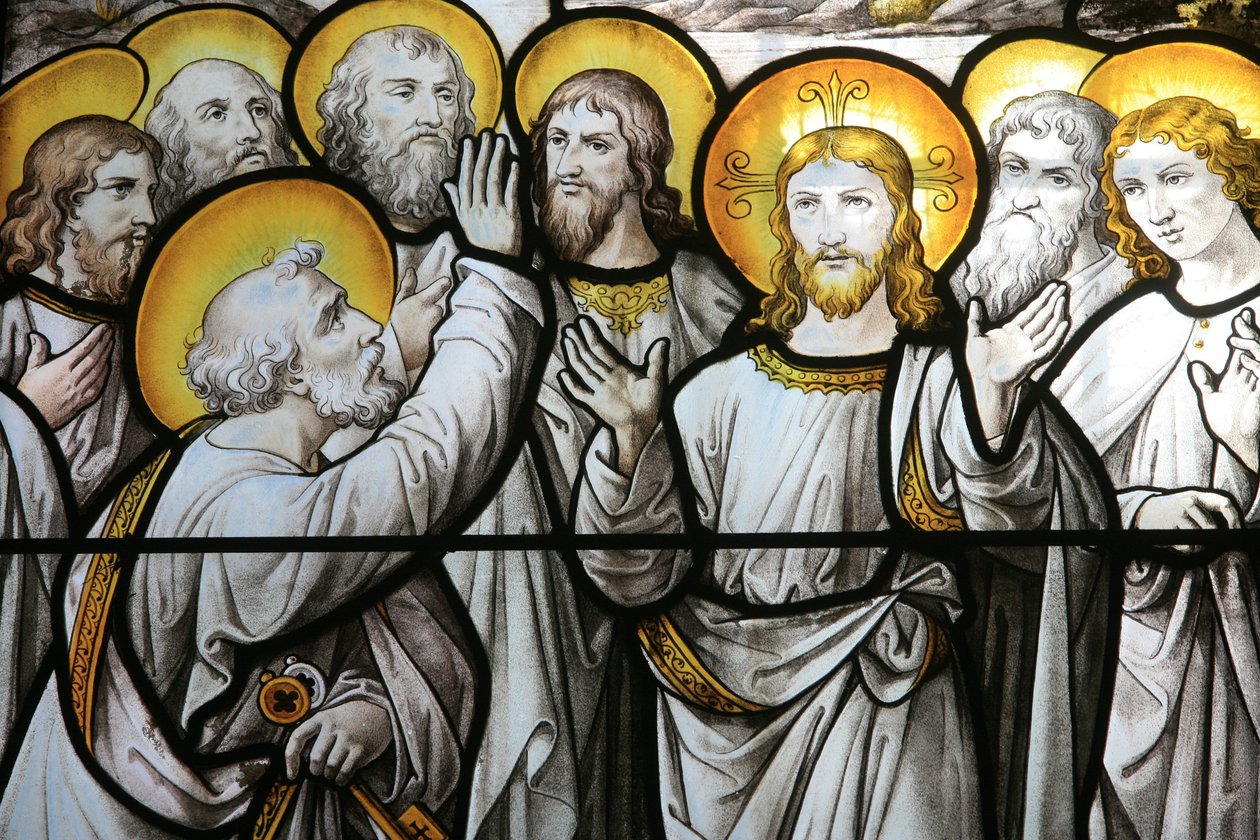 Notre Dame de Beaune templom ólomüveg ablaka: Szent Péter tiltakozik Christ Beaune Franciaországhoz való hűsége miatt alkotó: Unbekannt