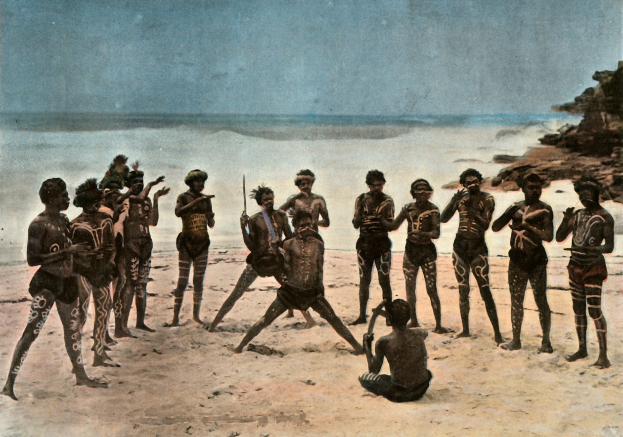 Új Gínea. Barioles pápuák tánca, Pápua Új-Guinea. Törzsi pápua tánc, 1900. alkotó: Unbekannt