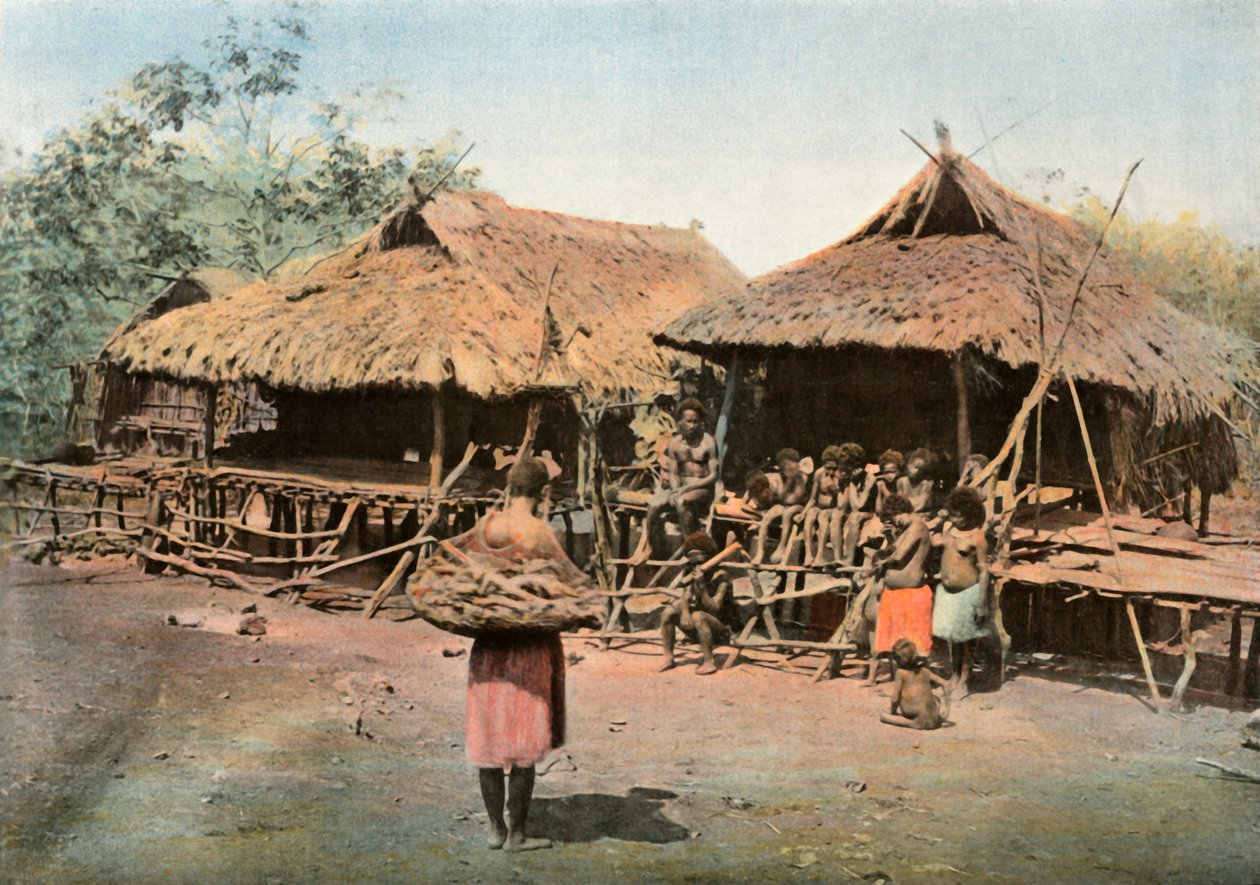 Új Gínea. Karapuna. Őslakos falu, Pápua Új-Guinea. Karapuna. Szülőfalu, 1900. alkotó: Unbekannt