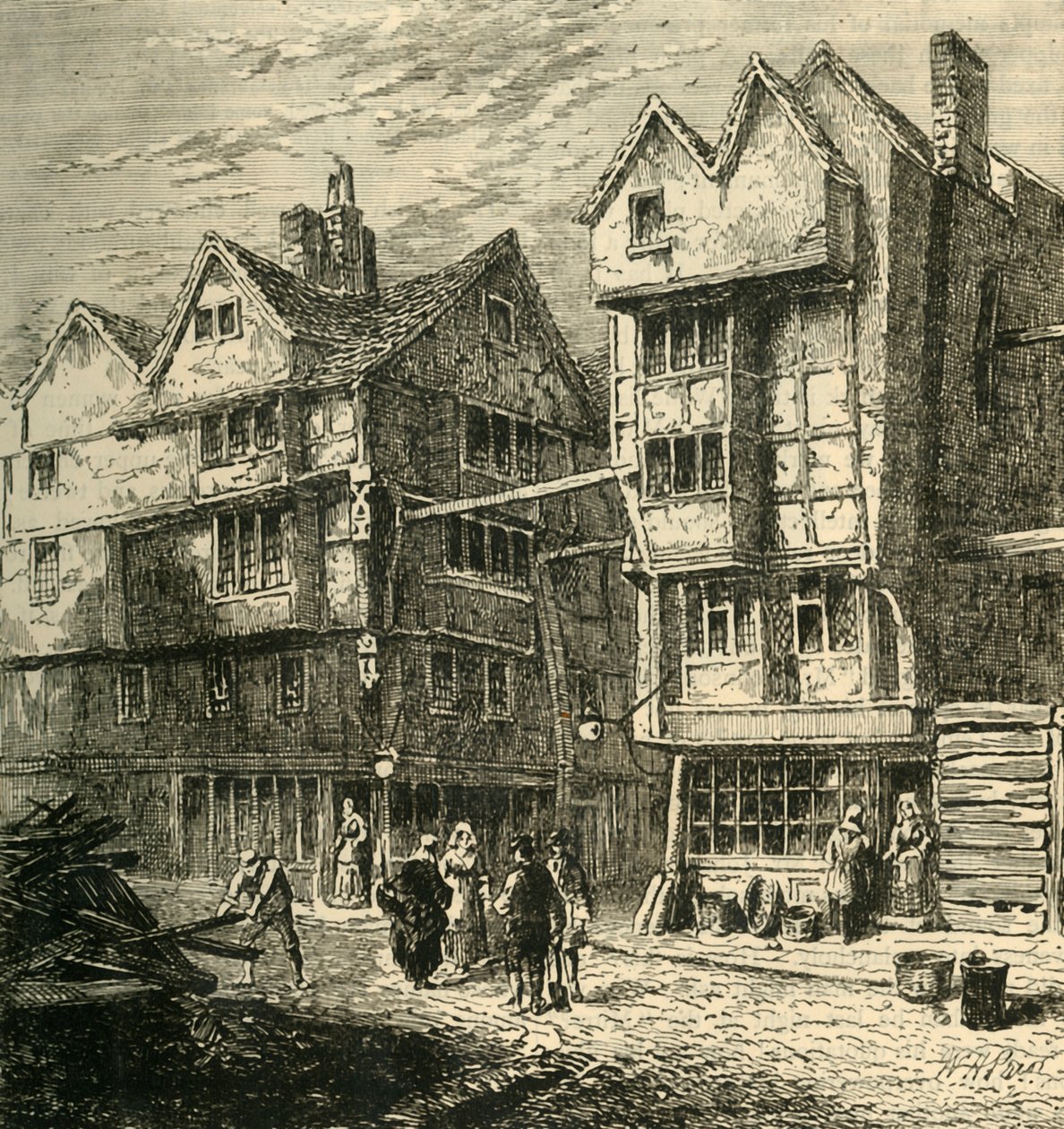 Régi házak, amelyek korábban a Butchers Row-ban álltak, 1800 körül, 1881-ben. alkotó: Unbekannt