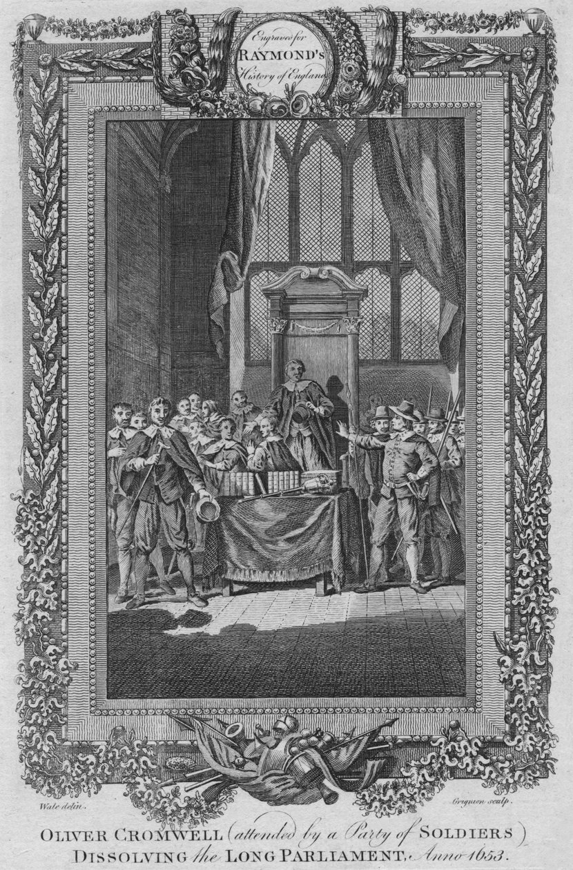 Oliver Cromwell részt vett a katonák városán, amelyek feloszlatják a Hosszú Parlamentet. Anno 1653, c1787 alkotó: Unbekannt