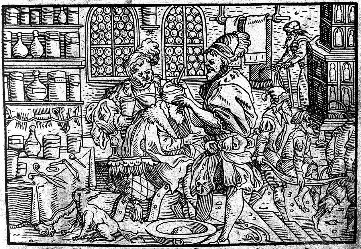 Műtét egy férfi fején. Forrás: Theophrastus Bombastus von Hohenheim nagy sebgyógyszere, 1562 alkotó: Unbekannt