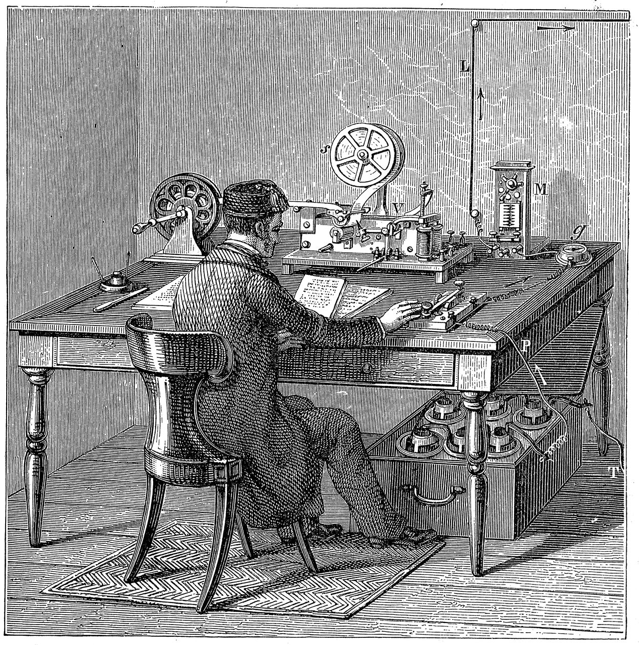 Üzenetet küldő kezelő Morse elektromos nyomdatávírón, 1887 alkotó: Unbekannt