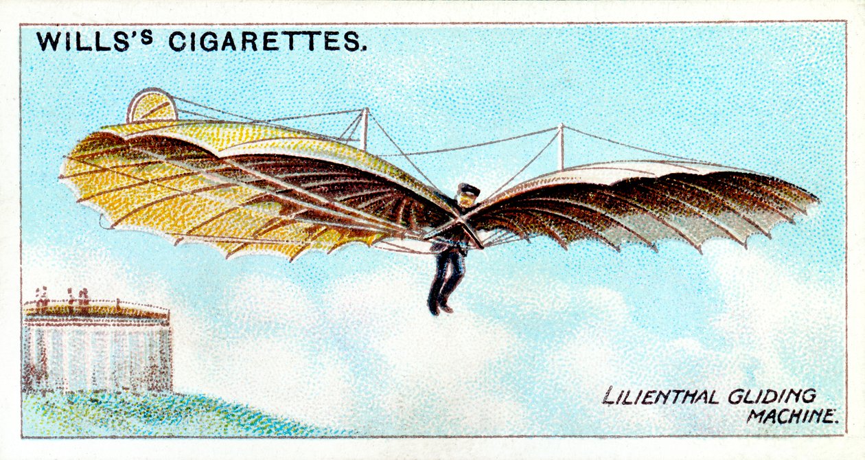 Otto Lilienthal, német vitorlázórepülő úttörő és repüléstechnikai feltaláló, egyik vitorlázógépével repül alkotó: Unbekannt