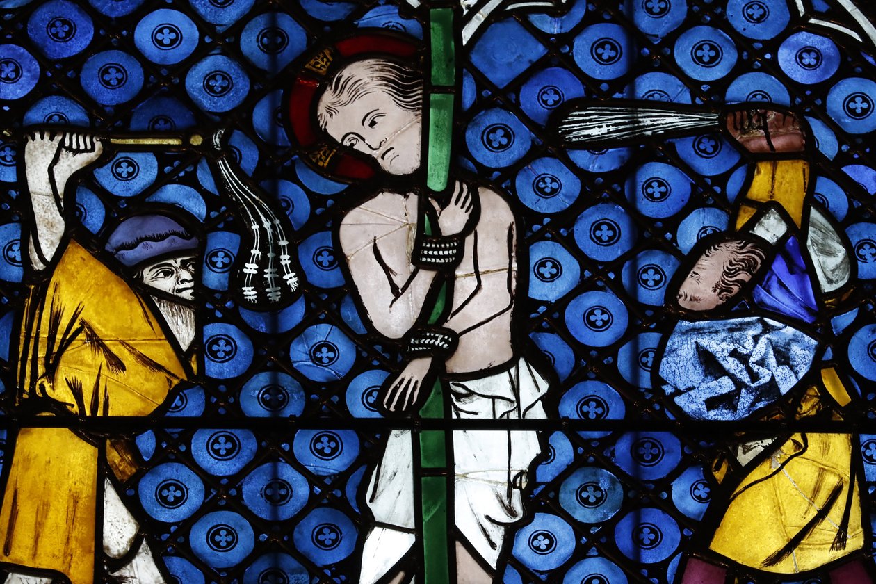 Strasbourg-i Boldogasszony-székesegyház. Ólomüveg ablak. Krisztus szenvedélyében. A lobogtatás. 14. század. Strasbourg. Franciaország. alkotó: Unbekannt