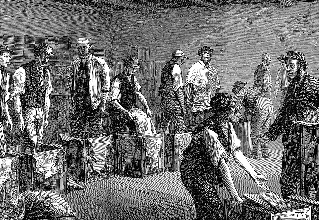Tea csomagolása az East & West India Dock Company raktáraiban, London, 1874 alkotó: Unbekannt