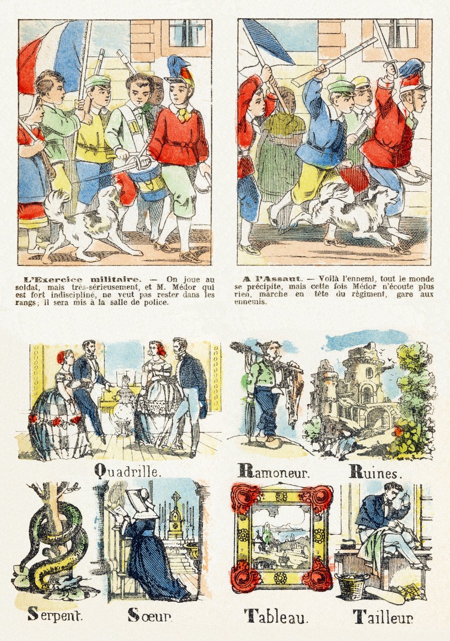 7. oldal - gyerekjátékok: hadgyakorlat, A támadásban - Ábécé - Gyermekek szórakoztatása - Epinal képanyag, népszerű sorozat, 1890 körül alkotó: Unbekannt