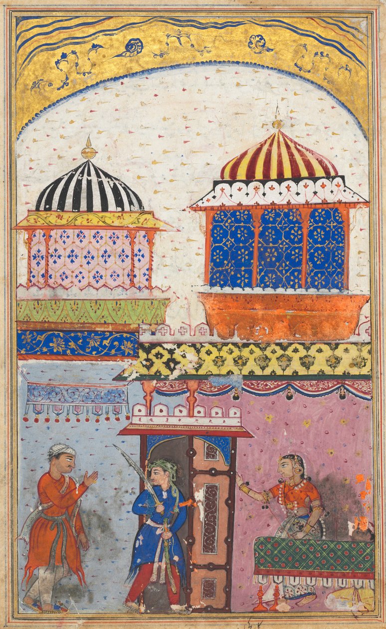Oldal a Papagáj meséiből Tuti-nama: Nyolcadik éjszaka: Egy nő távozásra kéri kedvesét..., c. 1560. alkotó: Unbekannt