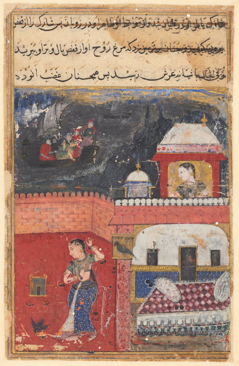 Oldal a Tales of a Parrot Tuti-nama: Első éjszaka: Khujasta megöli a kisállat myna... c. 1560. alkotó: Unbekannt