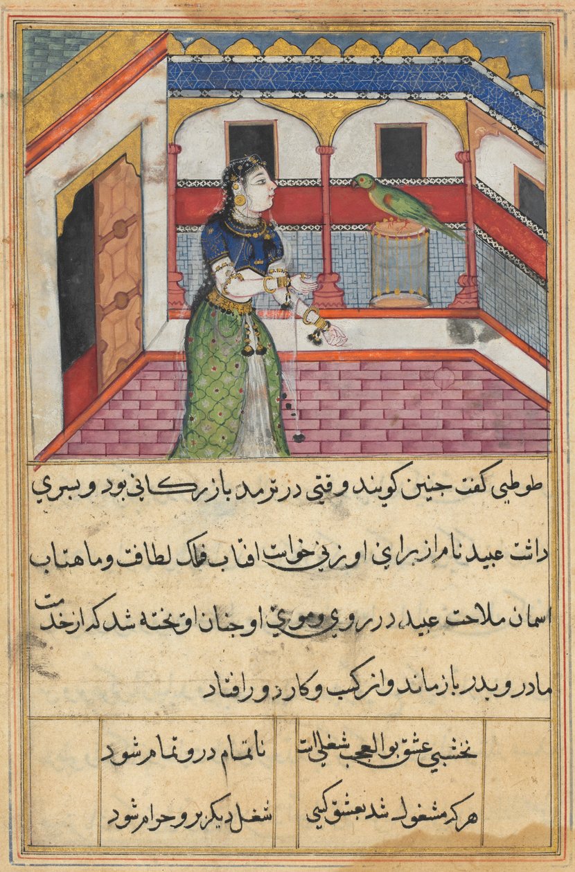 Oldal a Papagáj meséiből Tuti-nama: Negyvenkettedik éjszaka: A papagáj megszólít..., c. 1560. alkotó: Unbekannt
