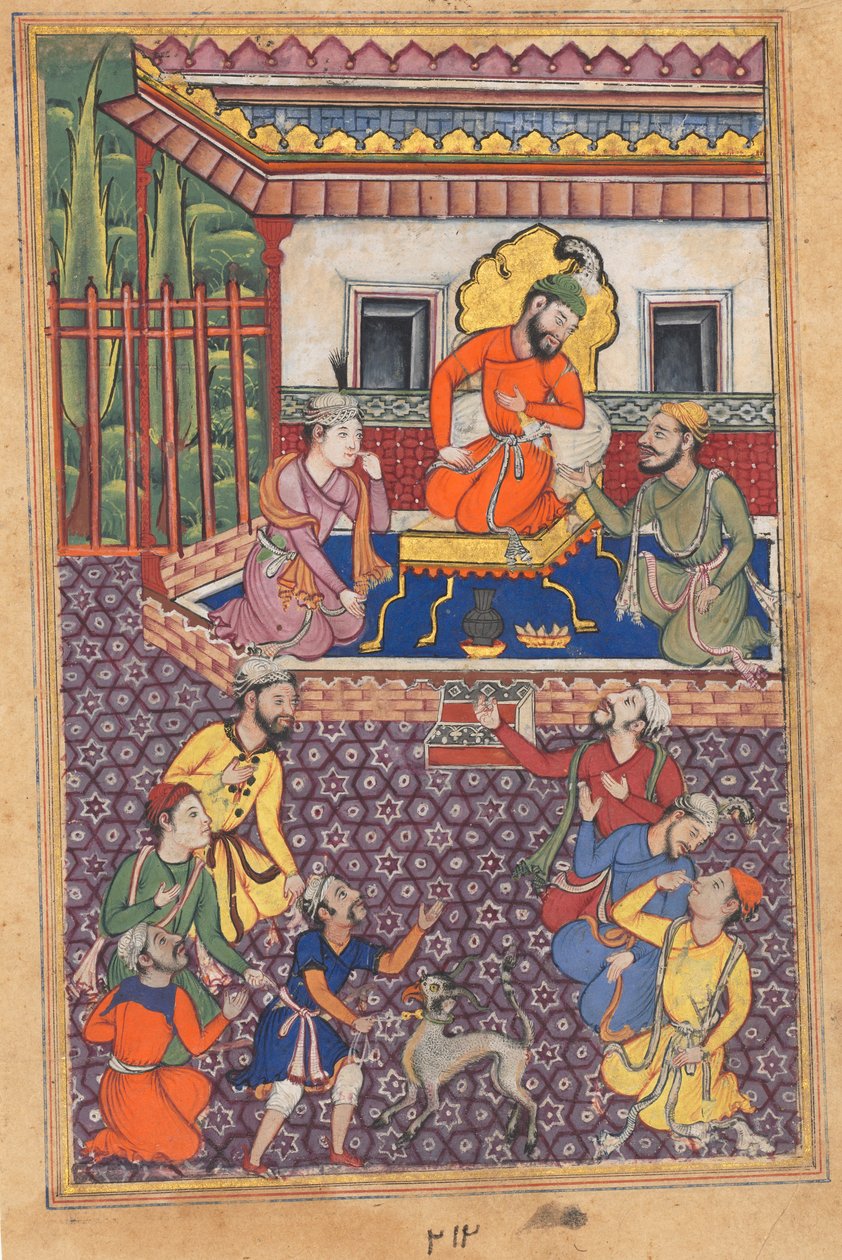 Oldal a Papagáj meséiből Tuti-nama: Negyvenhatodik éjszaka: Ujjain Rádzsa udvara, c. 1560 alkotó: Unbekannt