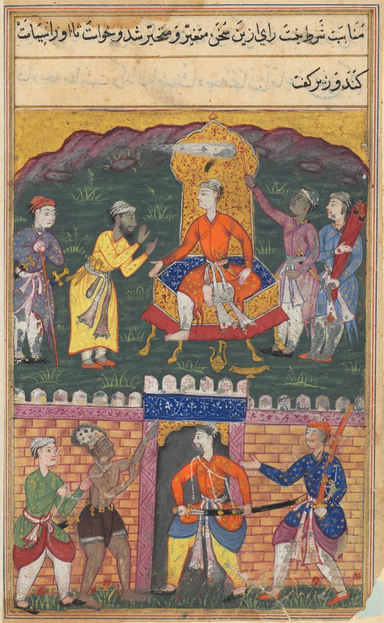 Oldal a Papagáj meséiből Tuti-nama: Hetedik éjszaka: A vezír lebeszéli a királyt..., c. 1560. alkotó: Unbekannt