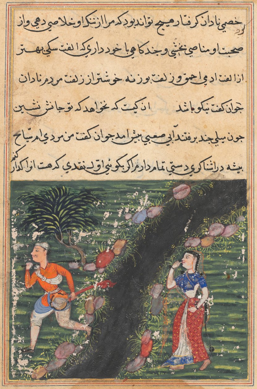 Oldal a Papagáj meséiből Tuti-nama: Tizenhatodik éjszaka: A csavargó keresztezi..., c. 1560. alkotó: Unbekannt