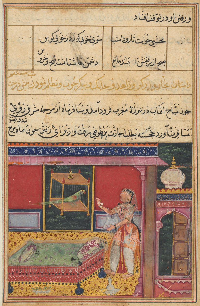 Oldal a Papagáj meséiből Tuti-nama: Hatodik éjszaka: A papagáj megszólítja Khujastát..., c. 1560. alkotó: Unbekannt