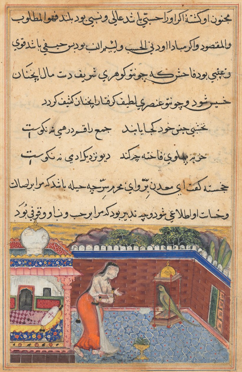 Oldal a Papagáj meséiből Tuti-nama: Harmincenegyedik éjszaka: A papagáj..., 1558-1560. alkotó: Unbekannt