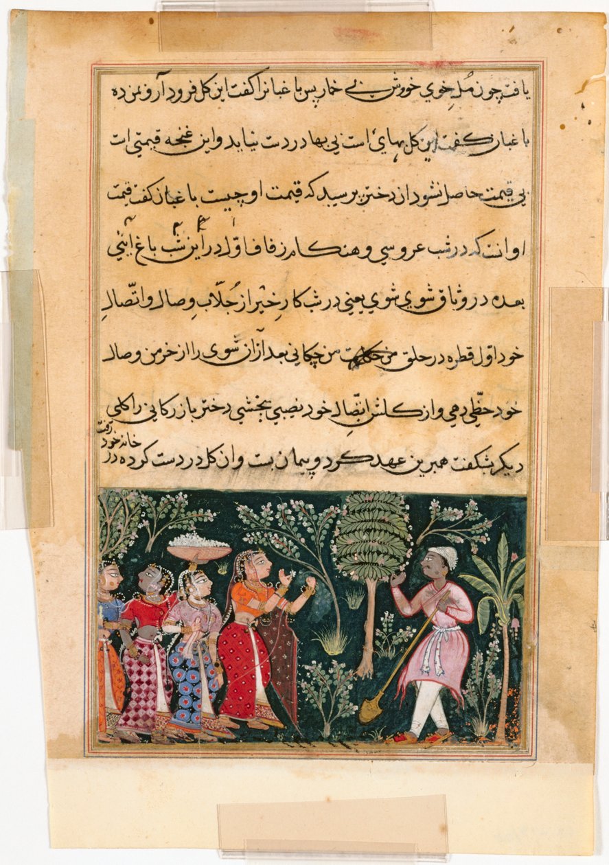 Oldal a Papagáj meséiből Tuti-nama: Tizenkettedik éjszaka: A kereskedő lánya..., c. 1560. alkotó: Unbekannt