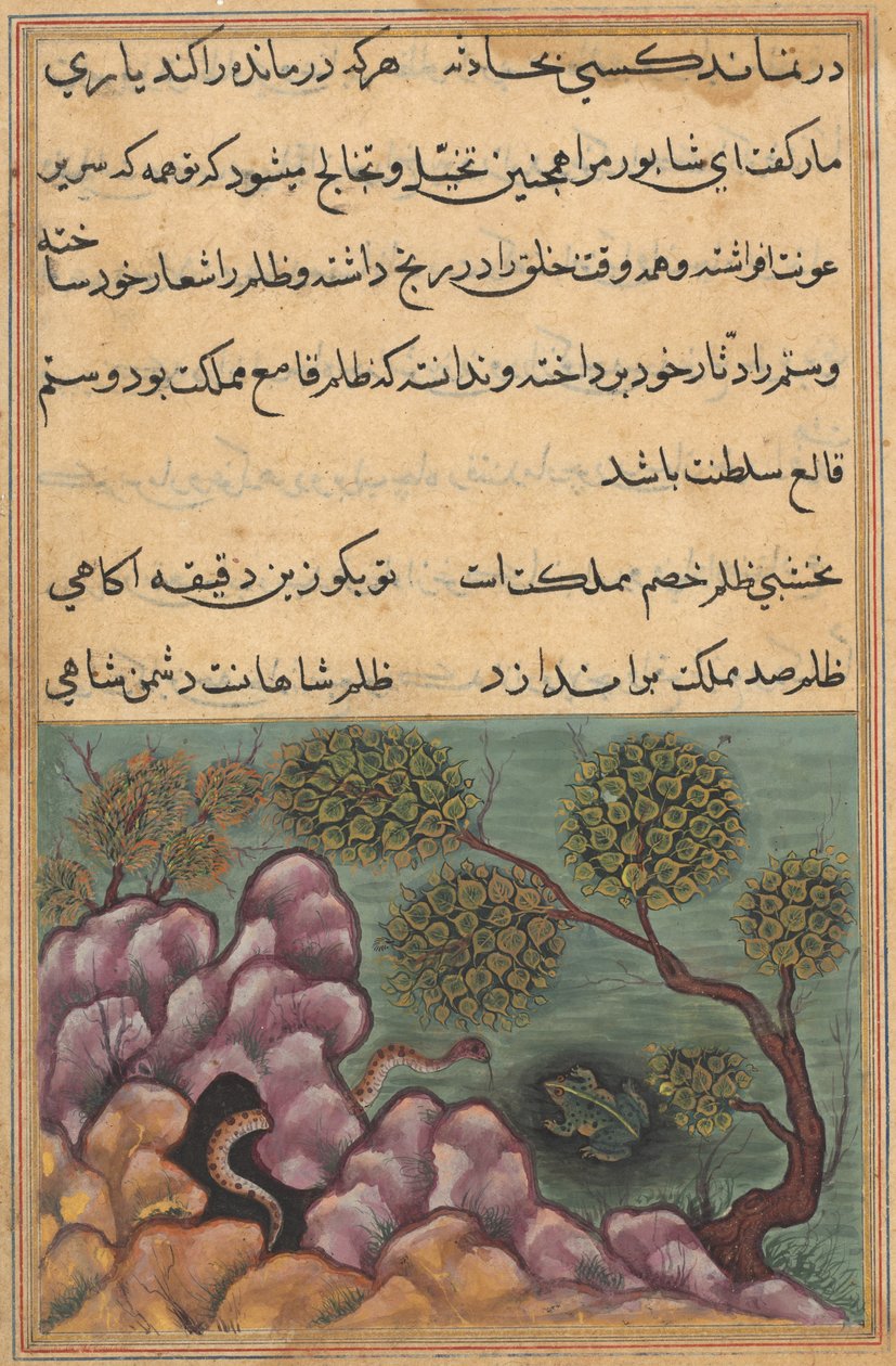 Oldal a Papagáj meséiből Tuti-nama: Huszonhatodik éjszaka: A trónfosztott béka..., c. 1560. alkotó: Unbekannt