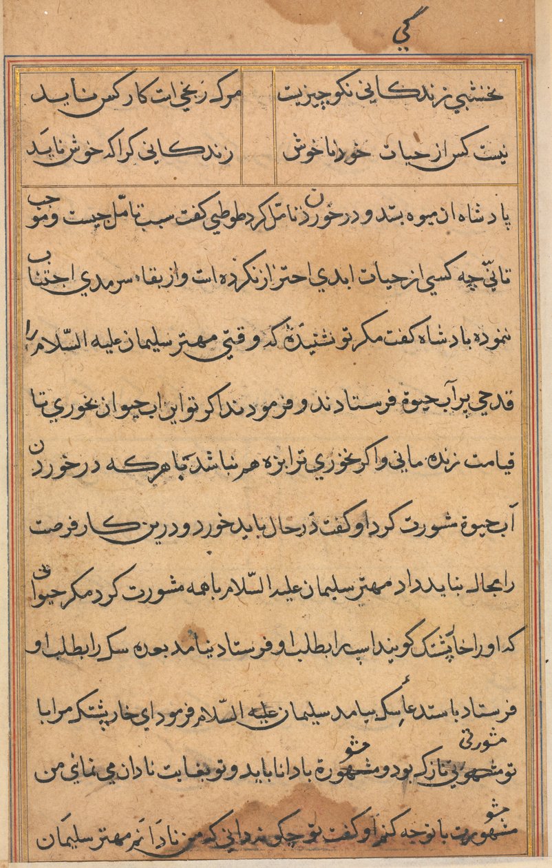 Oldal a Papagáj meséiből Tuti-nama: szövegoldal, c. 1560. alkotó: Unbekannt