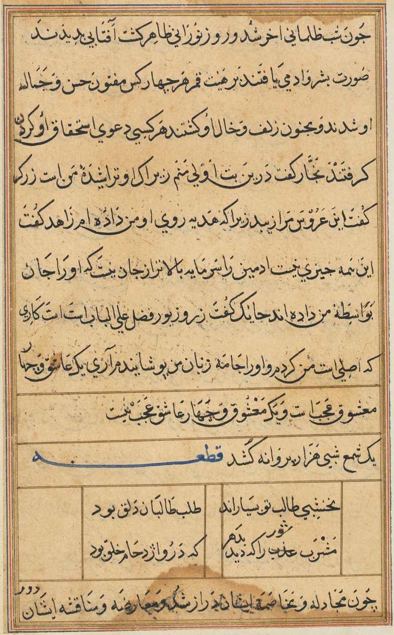 Oldal a Papagáj meséiből Tuti-nama: szövegoldal, c. 1560. alkotó: Unbekannt