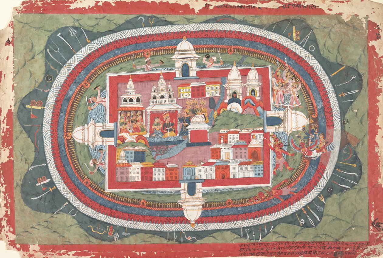 Oldal egy szétszórt Bhagavata Purana kéziratból Krishna élete, kb. 1775. alkotó: Unbekannt