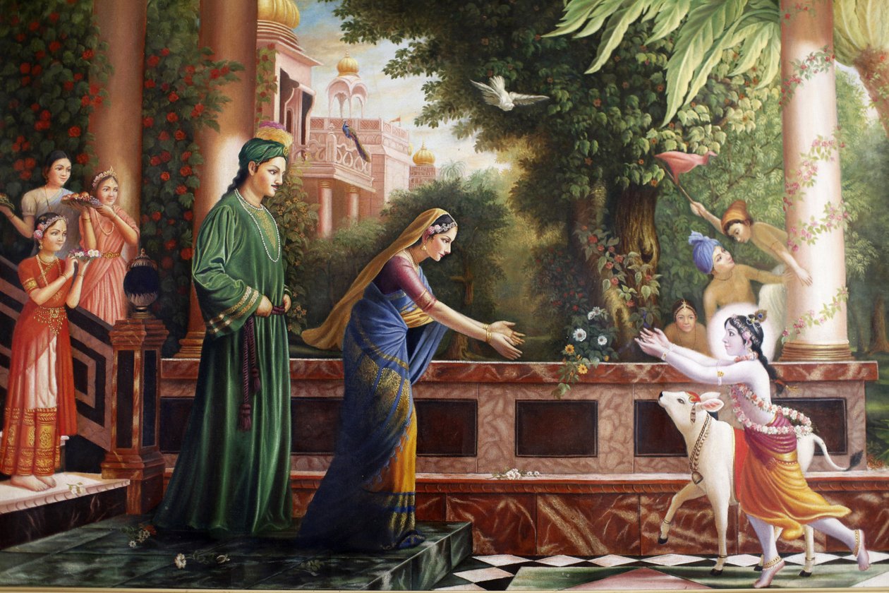 Festmény a Bhaktivedanta kastélyban, amely fiatal Krisnát ábrázol, aki Yasoda anyához és Nanda Maharajhoz (a nevelőszüleihez) fut, Watford Grande-Bretagne-hoz alkotó: Unbekannt