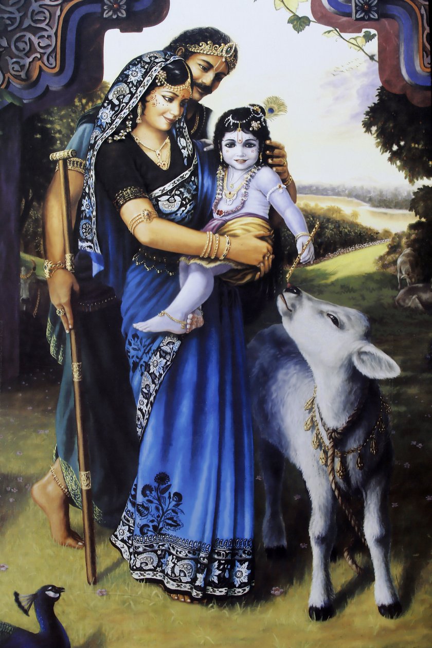 Festmény, amely Krisna hindu istent csecsemőként ábrázolja nevelőszüleivel, Yashodával és Nandával. India alkotó: Unbekannt