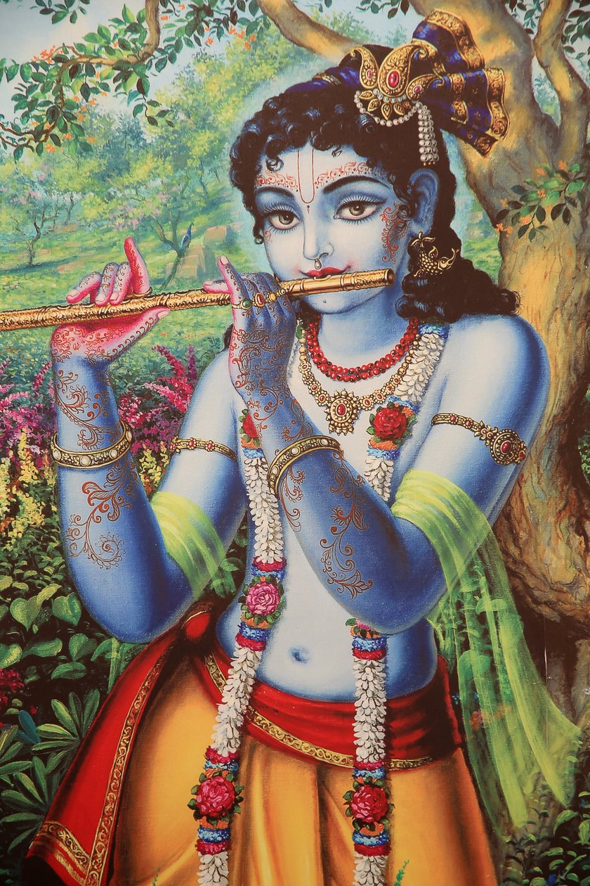 Festmény, amely Krisna hindu istent ábrázolja, aki a szabadban furulyázik. India alkotó: Unbekannt