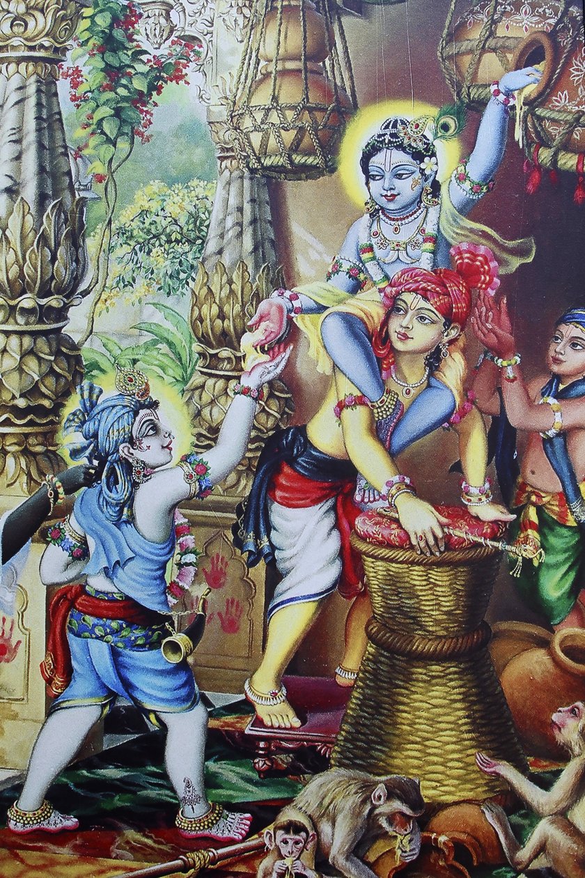 Festmény, amely egy hindu istent, Krishnaast, egy gyermeket ábrázol, aki testvéreivel játszik. India alkotó: Unbekannt
