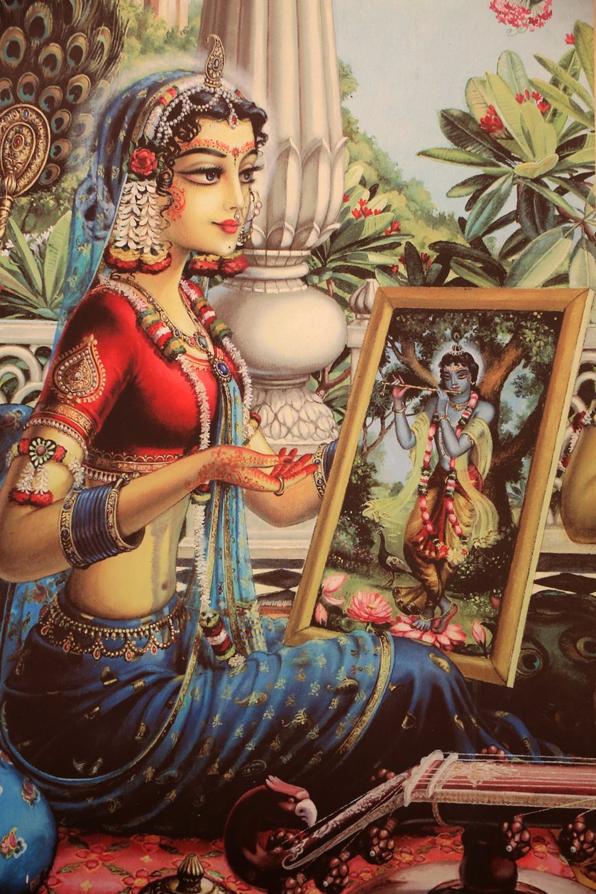 Festmény, amely Radhát ábrázolja, aki Krisna képét nézi. India alkotó: Unbekannt