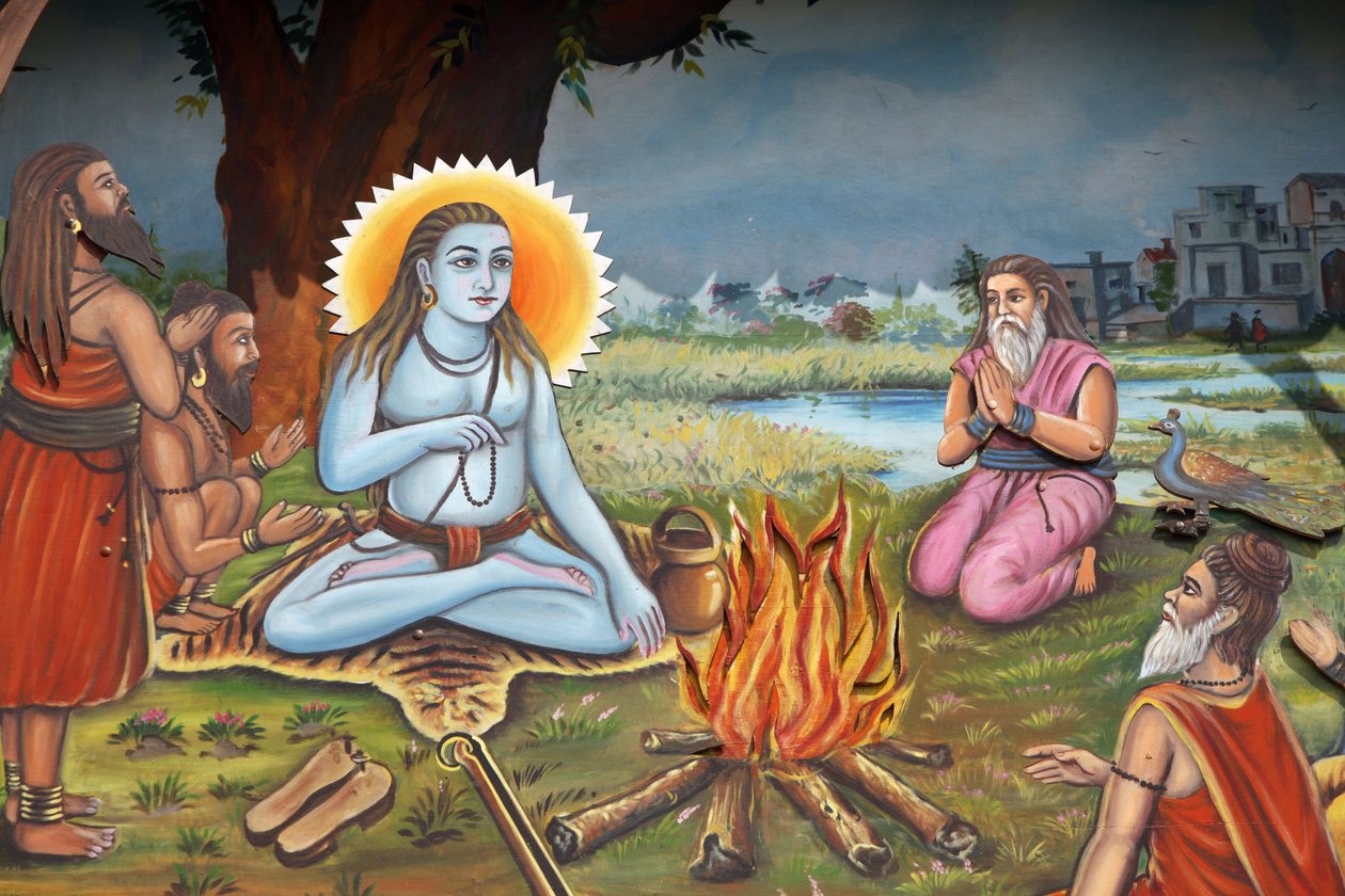 Festmény, amely egy szent embert ábrázol (a tigris bőrén ül, mint Shiva), akit Haridwar India követői vesznek körül alkotó: Unbekannt
