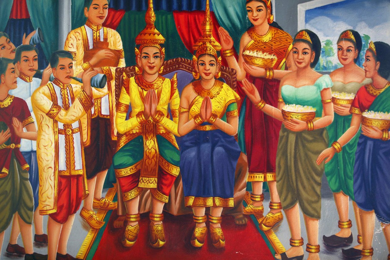 Festmény, amely a királyt és a királynőt, valamint Udong Cambodge szolgáit ábrázolja alkotó: Unbekannt