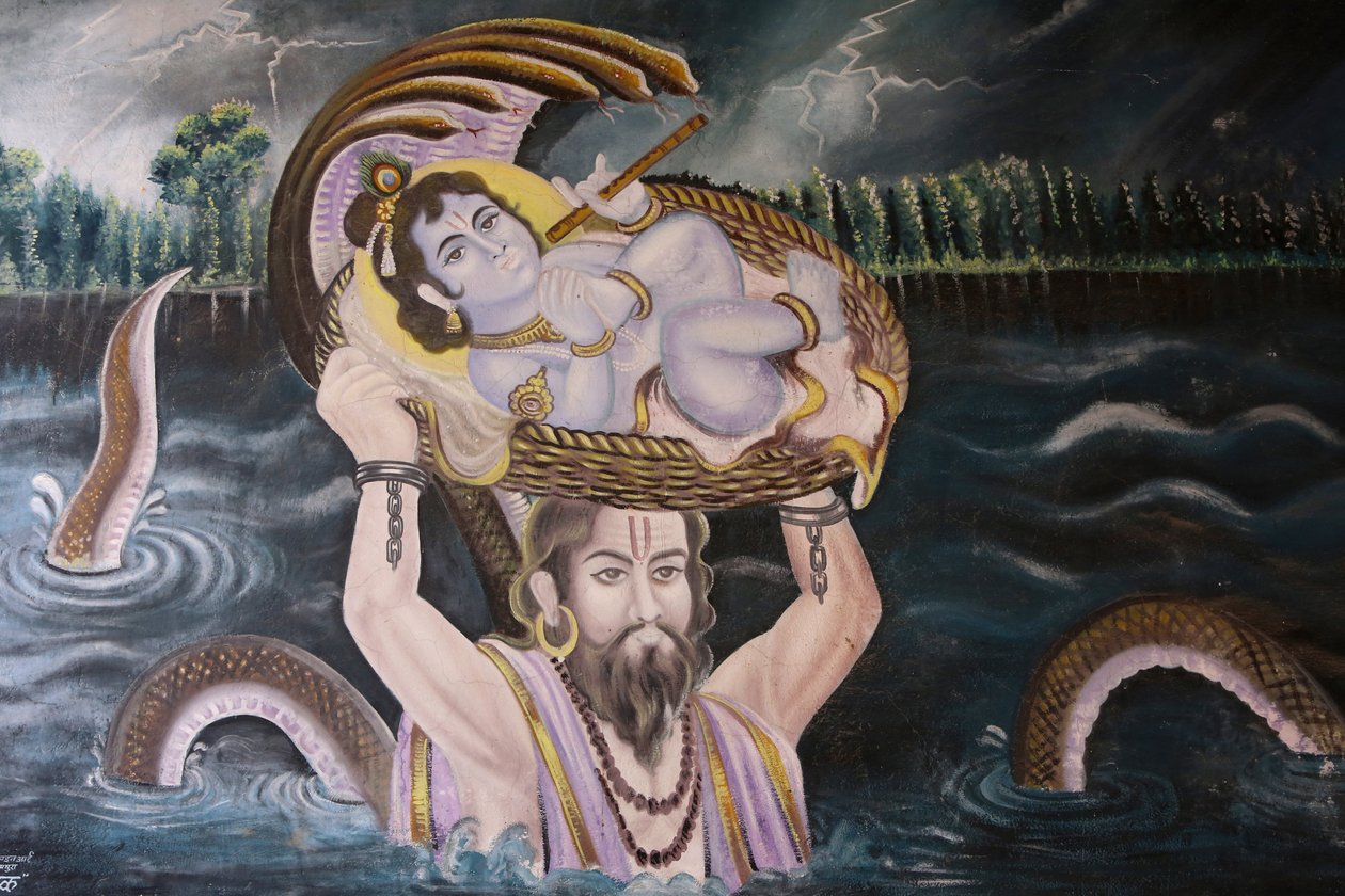 Festmény Gokulban: Krishna kisbabaként, akit Vasudeva vitt át a Yamuna folyón. India alkotó: Unbekannt