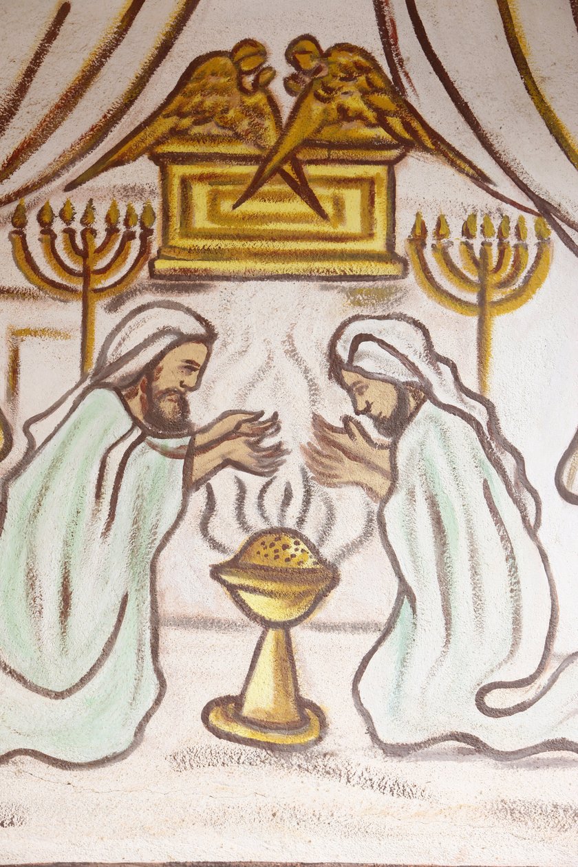Festmény a togói Boldogasszony templomban: Szent ív, menórák (Menorah) és parfümoltár, Togoville, Togo alkotó: Unbekannt