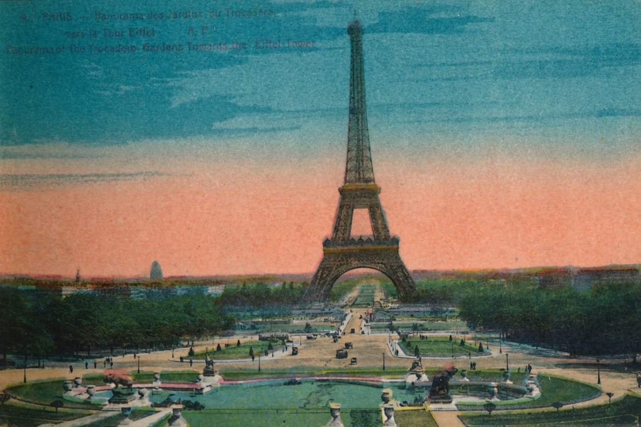 Panoráma a Jardins du Trocadéro-ra és az Eiffel-toronyra, Párizs, 1920 alkotó: Unbekannt