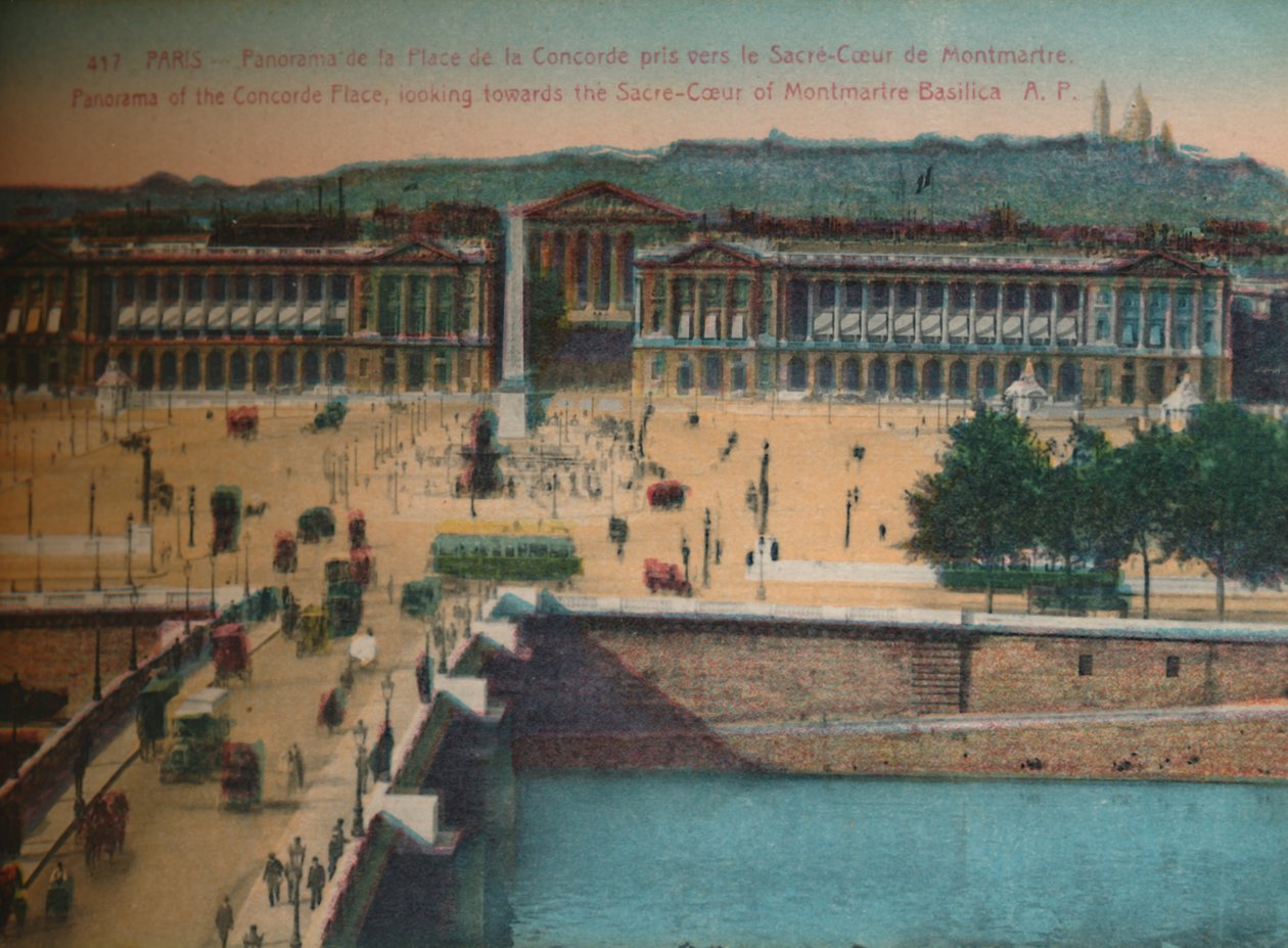 Panoráma a Place de la Concorde-ra, kilátással a párizsi montmartre-i Sacre-Coeur-bazilika felé, alkotó: Unbekannt