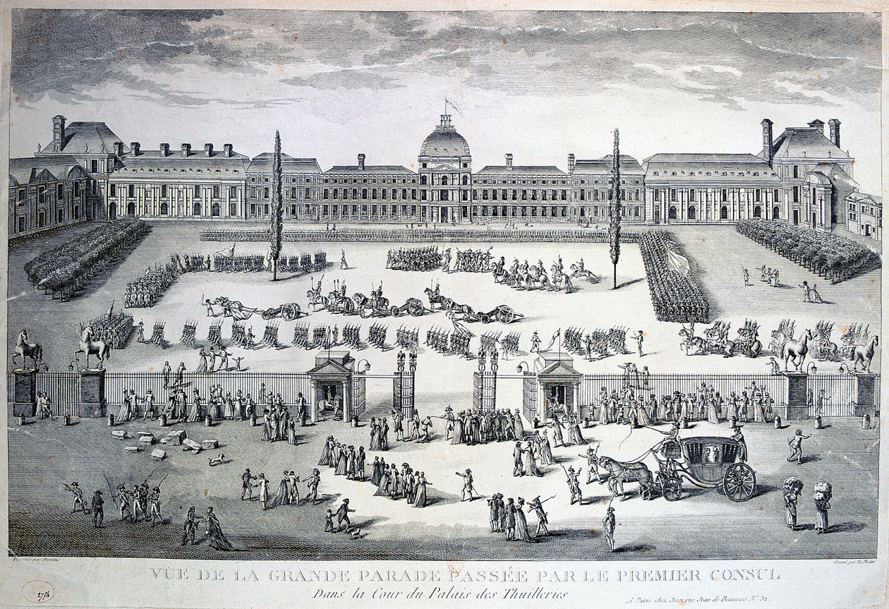 A csapatok felvonulása a Grand Parade alatt, Tuileries-palota, 19. század alkotó: Unbekannt