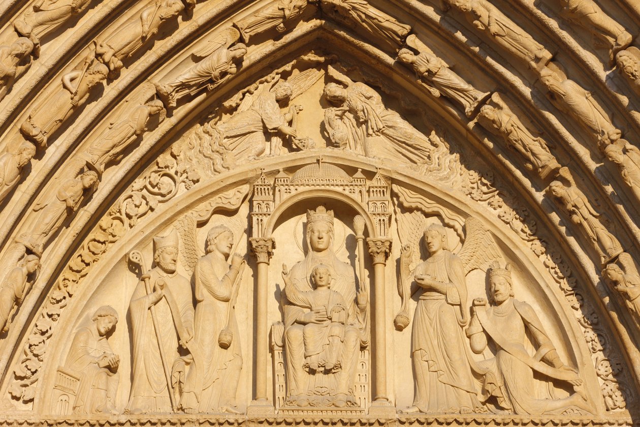 Párizsi Notre Dame székesegyház nyugati szárnya: Szent Anna-kapu timpanon, Párizs, Franciaország alkotó: Unbekannt