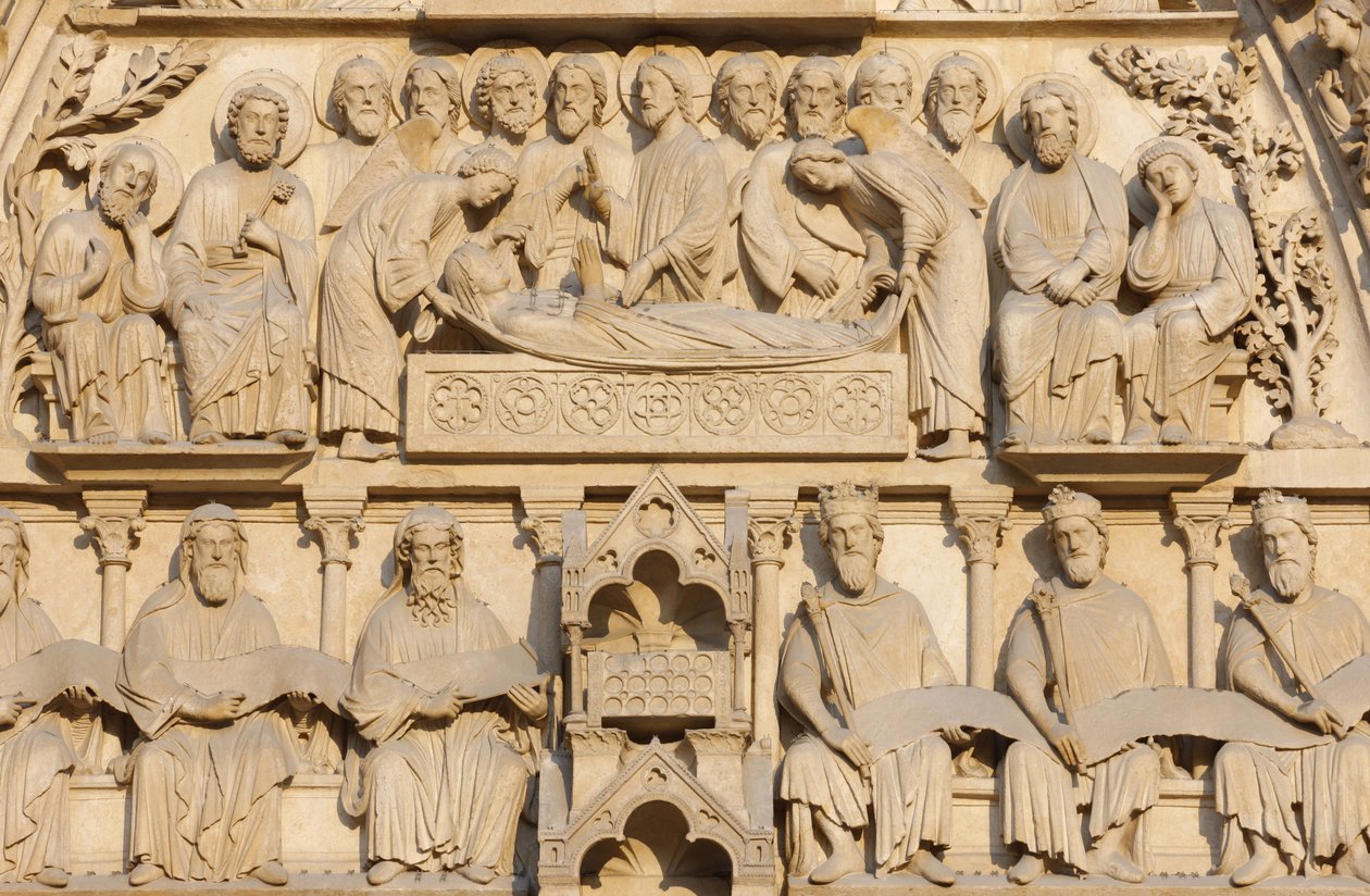Párizsi Notre Dame székesegyház nyugati szárnya: Szűz kapuja: Mária halálos ágyán Jézus és az apostolok körülvéve, Párizs, Franciaország alkotó: Unbekannt