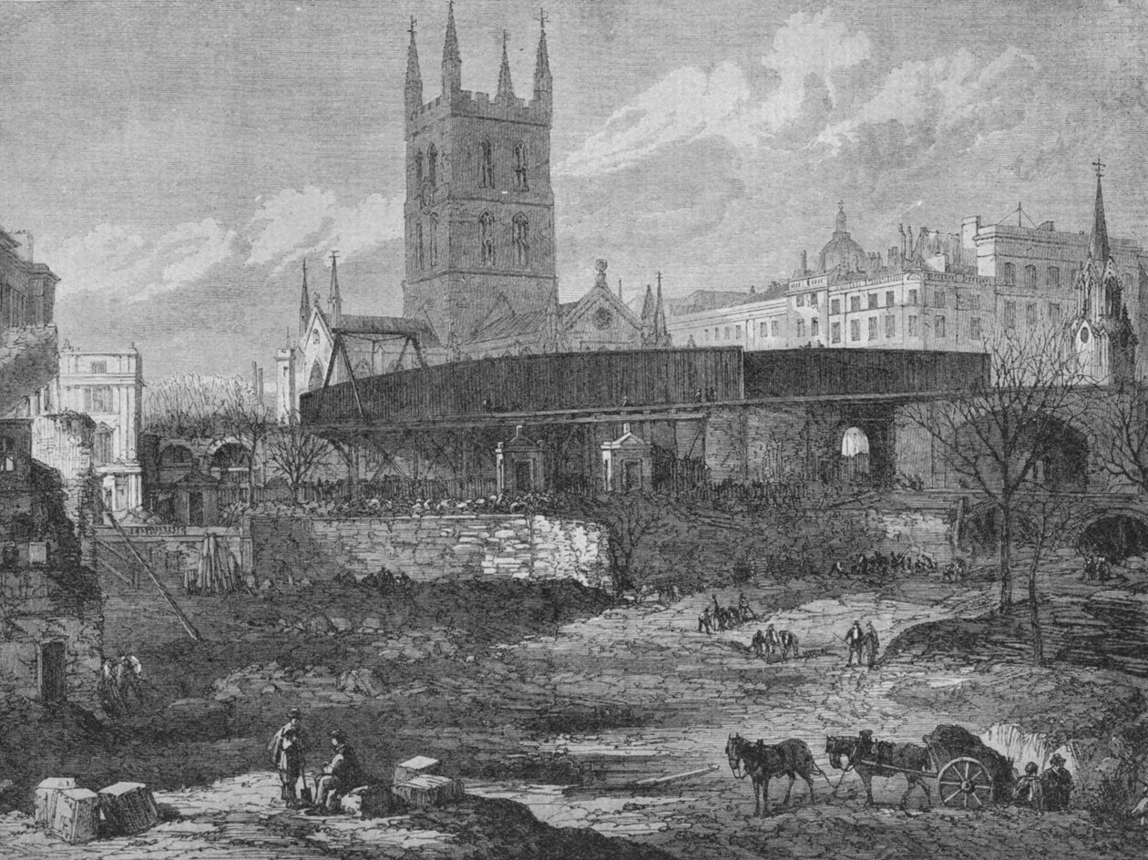 A Southwark-i St. Thomass Kórház területének része, amelyet vasúti célokra tisztogatnak, c1862, alkotó: Unbekannt