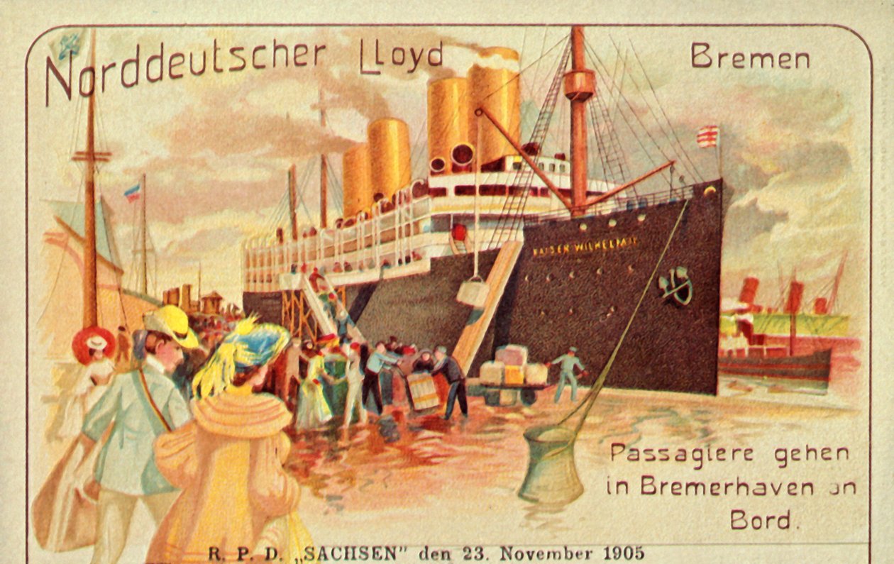 Az utasok felszállnak az óriási SS Kaiser Wilhelm II-re Bremerhavenben, 1905-ben. alkotó: Unbekannt