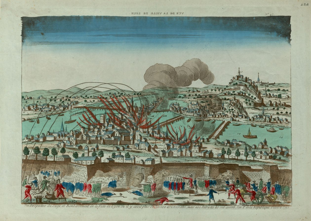 Lyon város ostromának és bombázásának távlati képe 1793 októberében, kb. 1793. alkotó: Unbekannt