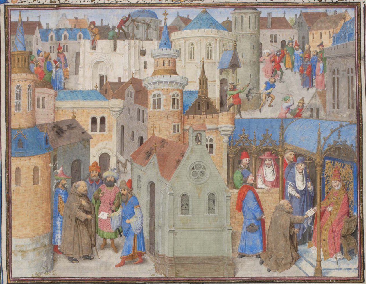 Remete Péter meghallgatja II. Urbán pápát a clermonti zsinaton. Türoszi Vilmos miniatúrája a Historiából, 1460-as évek alkotó: Unbekannt