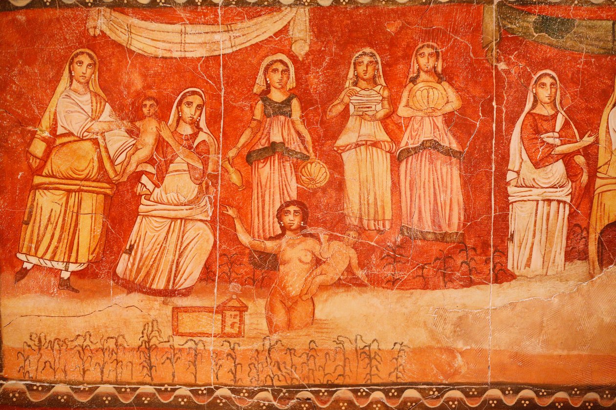 A fáraó és Mózes gyermekkora, a Doura (Dura) Europos zsinagógájának freskója, 244-245, a Damaszkuszi Nemzeti Múzeumban őrzik. A fotó a New York-i Zsidó Múzeumban készült egy kiállítás alatt. alkotó: Unbekannt