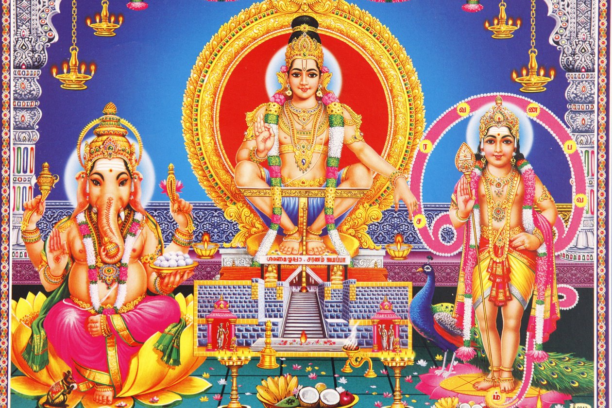 Ganesh, Ayyappa és Subramanya India hindu isteneinek képe alkotó: Unbekannt