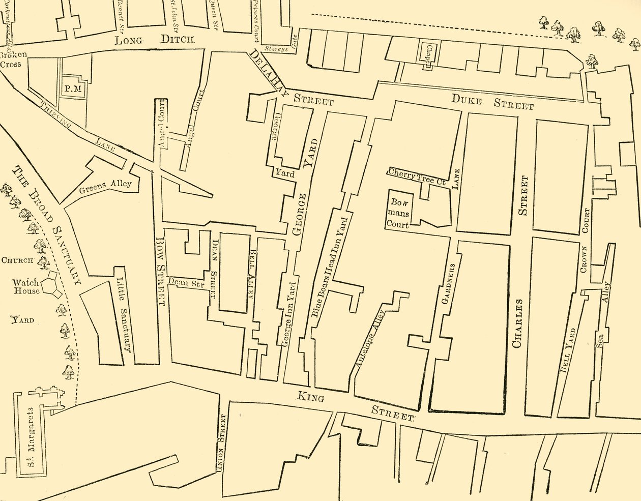 Westminster egy részének terve 1734 és 1748 között – a Great George Street felépítése előtt alkotó: Unbekannt