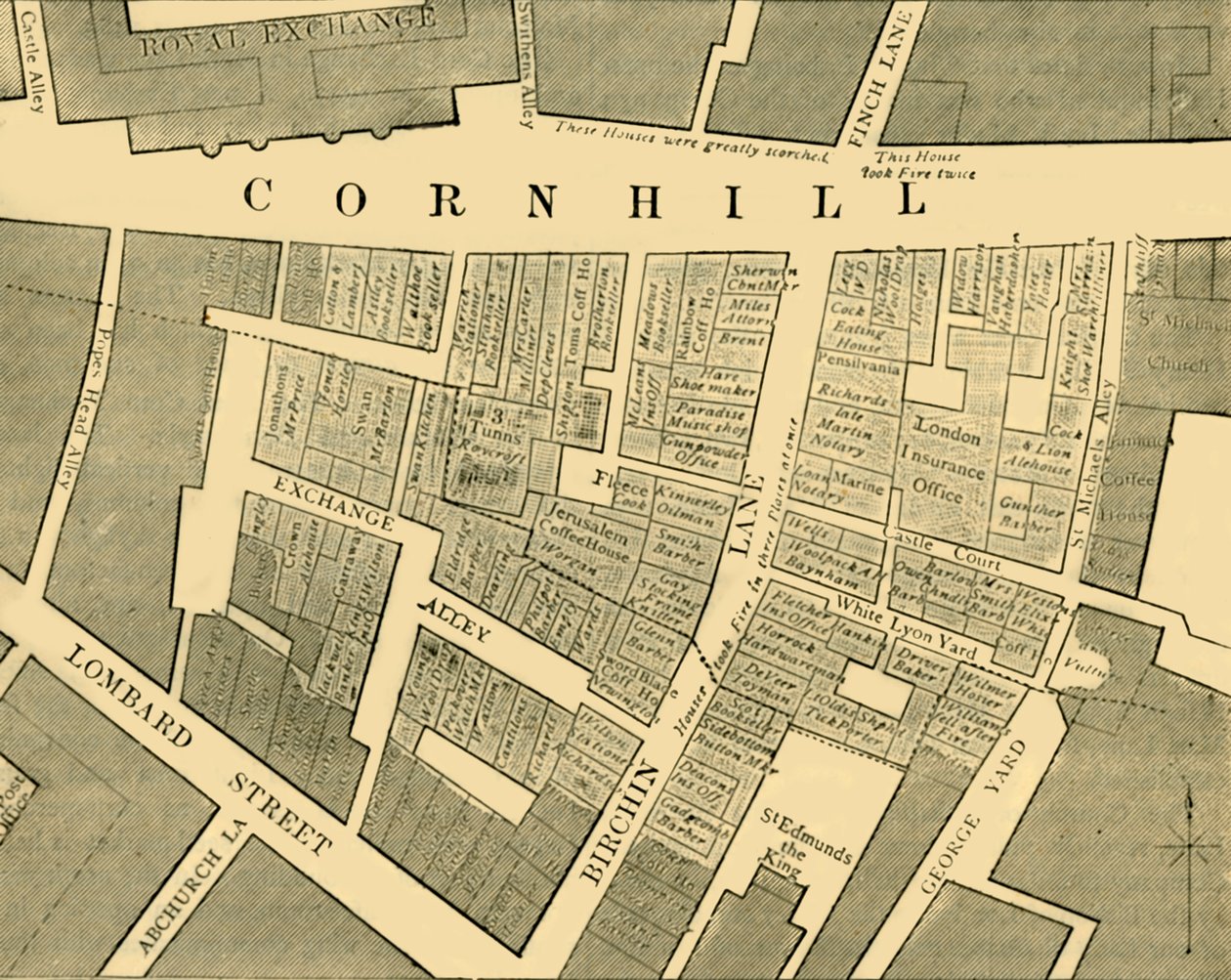 Az 1748-as cornhilli nagy tűzvész kiterjedését bemutató terv, 1872 c. alkotó: Unbekannt